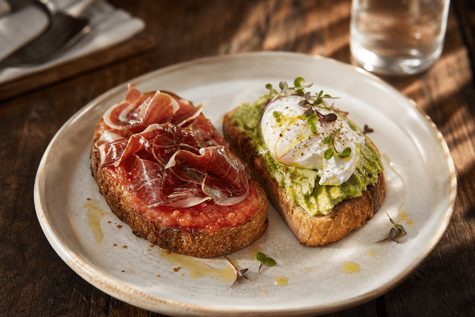 Tostas de jamón con tomate y de aguacate con huevo poché